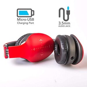 iHip Side Swipe Touch Control Wireless Bluetooth Headphones Over Ear - Foldable, Soft Memory-Protein Earmuffs, w/Built-in Mic and Wired Mode for PC/Cell Phones/TV - RED -Touch Only