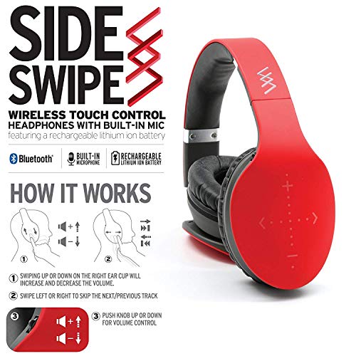 iHip Side Swipe Touch Control Wireless Bluetooth Headphones Over Ear - Foldable, Soft Memory-Protein Earmuffs, w/Built-in Mic and Wired Mode for PC/Cell Phones/TV - RED -Touch Only