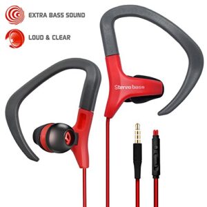 nem universal headphones in ear noise isolating sweat proof sport earbuds earphones with remote and mic adjustable earhook wired stereo workout for running jogging gym for iphone samsung (red)