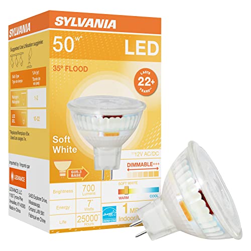 Sylvania LED Flood MR16 Light Bulb, 50W Equivalent, 7W Efficient, GU5.3 Bi-Pin Base, 35 Degree Angle, Dimmable, 2700K, Soft White - 1 Pack (41376)