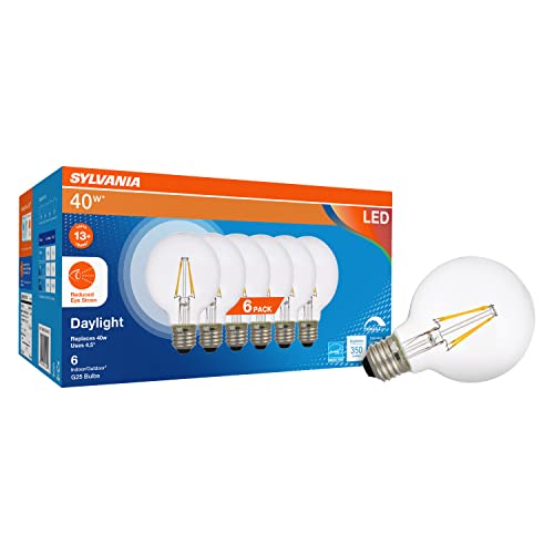 LEDVANCE Sylvania Reduced Eye Strain G25 Globe LED Light Bulb, 40W = 4.5W, 13 Year, Dimmable, Clear, 5000K, Daylight - 6 Pack (41240)