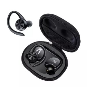 wireless earbuds sport bluetooth over ear hook headphones, in-ear earphones with microphone, led display, deep bass, waterproof for running workout, buds android iphone laptop computer, black (92)