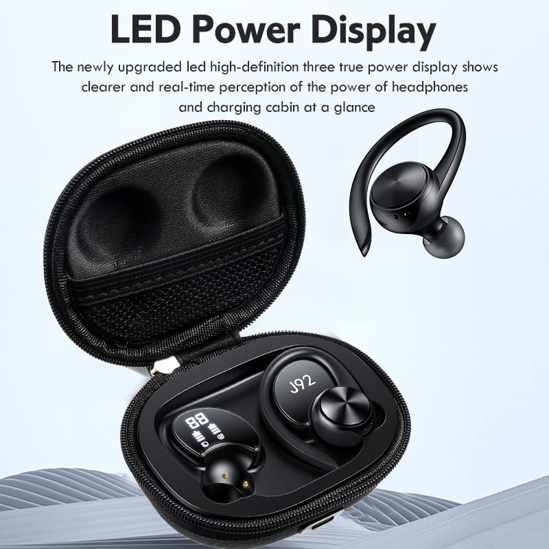 Wireless Earbuds Sport Bluetooth Over Ear Hook Headphones, in-Ear Earphones with Microphone, LED Display, Deep Bass, Waterproof for Running Workout, Buds Android iPhone Laptop Computer, Black (92)