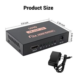 HDMI Splitter 1x4 , Sorthol 1 in 4 Out HDMI Splitter Audio Video Distributor 3D & 4K x 2K Box for HDTV, STB, PS3, PS4 Pro Blu-Ray DVD Player, Projector Etc