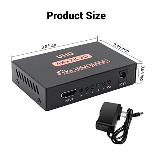 HDMI Splitter 1x4 , Sorthol 1 in 4 Out HDMI Splitter Audio Video Distributor 3D & 4K x 2K Box for HDTV, STB, PS3, PS4 Pro Blu-Ray DVD Player, Projector Etc