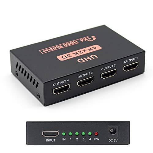 HDMI Splitter 1x4 , Sorthol 1 in 4 Out HDMI Splitter Audio Video Distributor 3D & 4K x 2K Box for HDTV, STB, PS3, PS4 Pro Blu-Ray DVD Player, Projector Etc