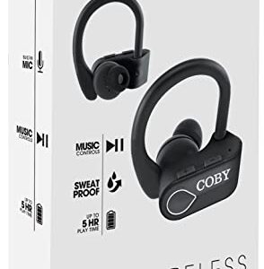 Coby Sports True Wireless Earbuds | Ear Buds Wireless Bluetooth Earbuds | 5 Hour Battery Life, Automatic Bluetooth 5.0 Pair, Sweatproof for Gym, Running, Workout, Exercise | iPhone & Android (Black)