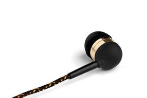 tweedz black & gold earbuds with microphone and controls – durable, tangle-free, travel headphones with long, braided fabric wrapped cords and noise isolating ear buds