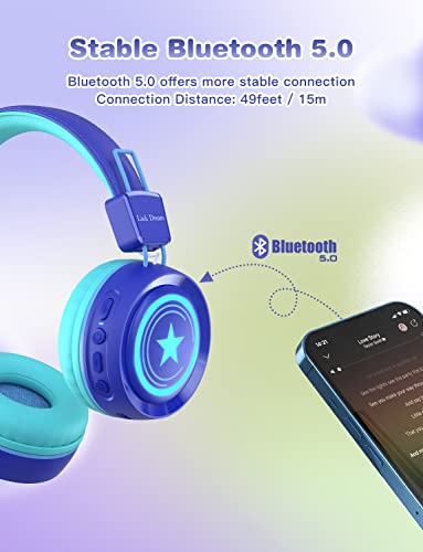 Link Dream Kids Bluetooth Headphones with Microphone for School On-Ear Headphone Toddler Children Wireless Headphone Headset with LED Lights Compatible with Cellphone/Computer/Tablet/iPad (Blue)