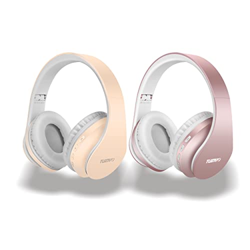 TUINYO Wireless Headphones Over Ear, Bluetooth Headphones with Microphone, Foldable Stereo Wireless Headset-Rose Gold/Apricot