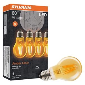 LEDVANCE Sylvania Vintage Filament LED Light Bulb, 60W = 6.5W, Dimmable, 13 Year, Amber Finish, 650 Lumens, 2175K, Amber Glow - 4 Pack (40063)
