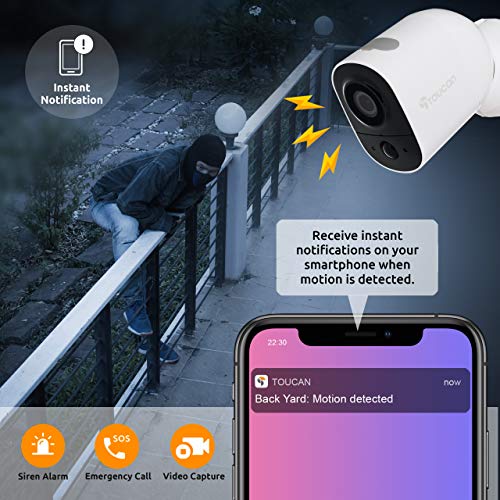 TOUCAN Wireless Indoor/Outdoor Battery Powered Security Camera, Weatherproof, Night Vision, AI Motion Detection, 2-Way Audio, Works with Alexa & Google Home, 1080P, No Subscription or Hub Required