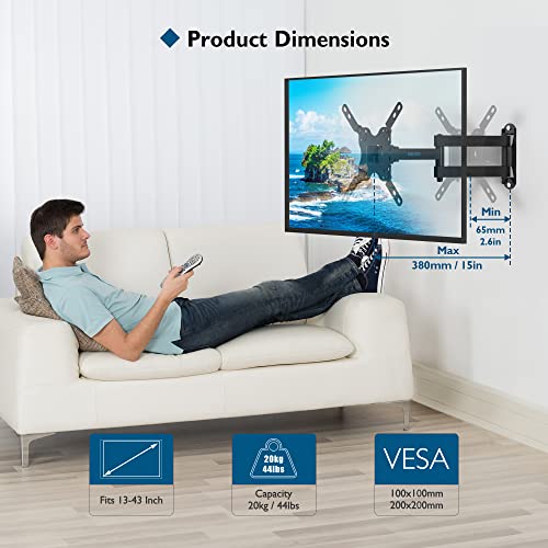 BONTEC Full Motion Articulating Arm TV Wall Mount for 13-43 Inch LED LCD OLED TVs, Tilt, Swivel & 360°Extension Rotation TV Monitor Wall Mount up to 44lbs, Max VESA 200x200mm, Bubble Level, Cable Ties