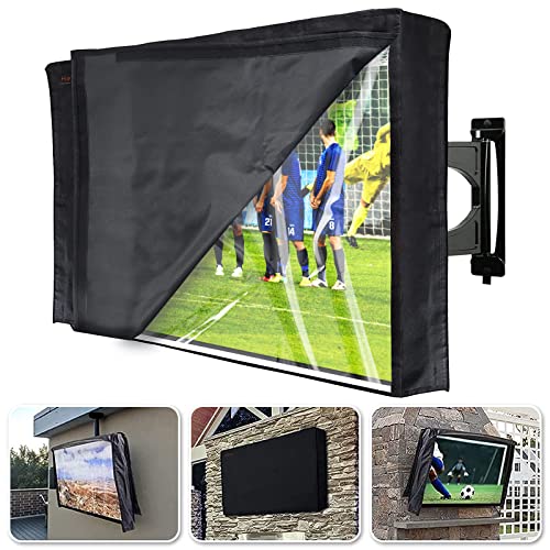 Outdoor TV Cover 52-55 Inch with Clear Scratch Resistant Front Flap + Bottom Cover, HOMEYA 600D Weatherproof & Waterproof TV Screen Protector, Fits Most TV Mounts Stands with Remote Controller Pocket