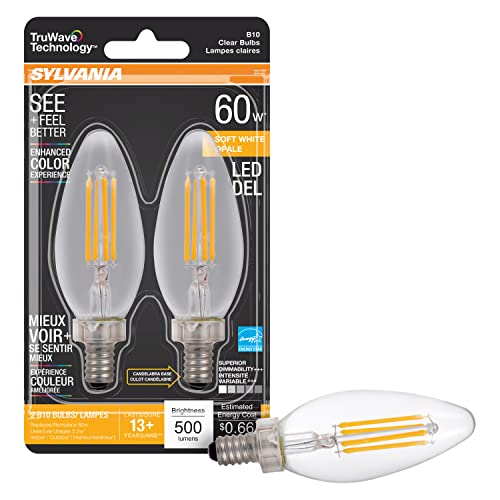 SYLVANIA LED TruWave Natural Series Décor B10 Light Bulb, 60W Equivalent Efficient 5.5W, Candelabra Base, Dimmable, Clear 2700K, Soft White - 2 Pack (40796)