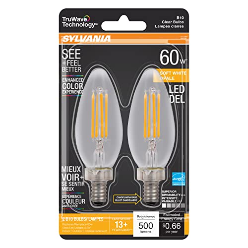 SYLVANIA LED TruWave Natural Series Décor B10 Light Bulb, 60W Equivalent Efficient 5.5W, Candelabra Base, Dimmable, Clear 2700K, Soft White - 2 Pack (40796)