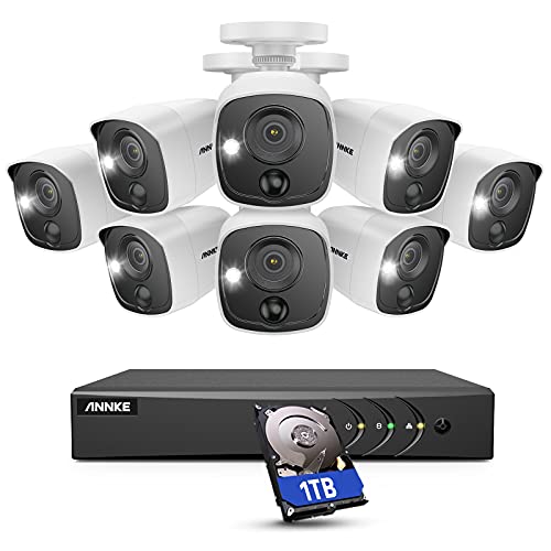 ANNKE Home Wired Camera Security System, 8CH 5MP Lite H.265+ AI DVR with 1 TB Hard Drive and 8 X 1080P HD Weatherproof PIR Cameras, Human/Vehicle Detection, White Light Alarm, Email Alert–E200