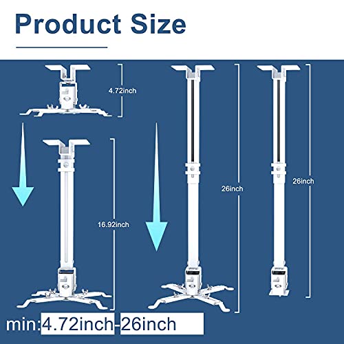 Projector Mount Wall or Ceiling Bracket with Adjustable Height and Extendable Arms Projection Mount for Different Size Projector(White)