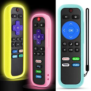 wevove case for roku remote cover-3 pack, remote case compatible with roku tv remote cover, silicone protective controller universal sleeve glow in the dark(glow yellow and glow pink and blue)