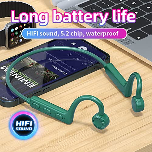 Wireless Bluetooth Bone-Conduction Earphone, Outdoor HiFi Stereo Microphone Headphones, Long Endurance,for Running, Horse Riding, Sports Waterproof Headset, Compatible for iOS Android (Green)