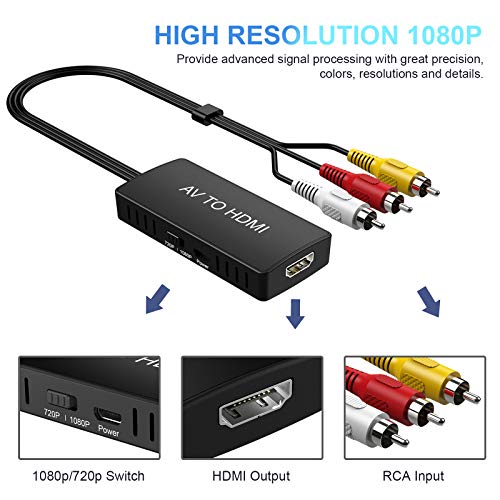 DIGITNOW RCA to HDMI Converter, AV to HDMI Composite Video Audio Converter Adapter, Supports PAL/NTSC for PS2, PS3, STB, VHS, VCR, Blue-Ray DVD