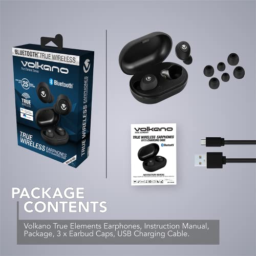 Volkano Type-C True Wireless Earbuds 25 Hours Playtime Bluetooth 5.0 Compact in-Ear Ear Bud Built-in Mic Charging Case, Ideal for Small Ears, Work with iPhone Android - True Element Series [Black]