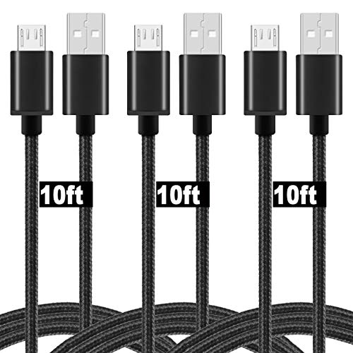 Micro USB Charging Cable, 3 Packs 10ft Long High Speed Nylon Braided Durable Micro USB Charger Cable for Samsung Galaxy S7 Edge S6 S5, Android Phone, LG G4, HTC, PS4, Camera, Black