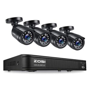 zosi h.265+1080p home security camera system,8 channel 5mp-lite cctv dvr with 4 x 1920tvl weatherproof surveillance bullet camera outdoor/indoor with 80ft night vision,remote access, motion alerts