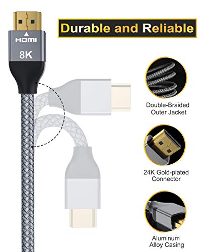 Basesailor 8K 60Hz HDMI Cable 6.6FT 2 Pack,48Gbps 7680P Ultra High Speed Cord for Apple TV,Roku,Samsung QLED,2.0 2.1,Sony Playstation,PS5,6FT,Xbox One Series X,eARC HDR HDCP 2.2 2.3,4K 120Hz 144Hz