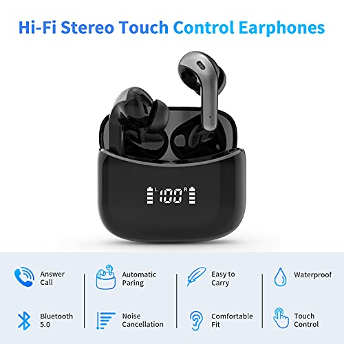 MANACUBE Wireless Earbuds,Bluetooth 5.0 Active Noise Cancelling Earphones Hi-Fi Stereo Earphones Touch Control with Wireless Charging Case Waterproof Stereo Headset for Working Travel Gym,Black