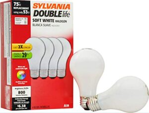 sylvania double life halogen light bulb, a19, 75w equivalent, efficient 53w, 800 lumens, soft white – 4 pack (50045)
