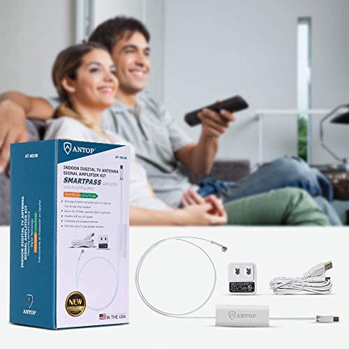 Antop HDTV Antenna Amplifier Signal Booster with High Gain and Ultra Low Noise, Amplified FM UHF VHF Signal for Any Non-Amplified Antenna-USB Power Supply, White