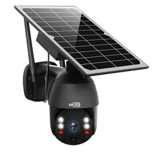 solar powered wireless security camera outdoor,enster pan tilt wifi home smart cam waterproof with spotlight,battery,solar panel, color night vision,motion detection,2-way audio,sd&cloud storage-black