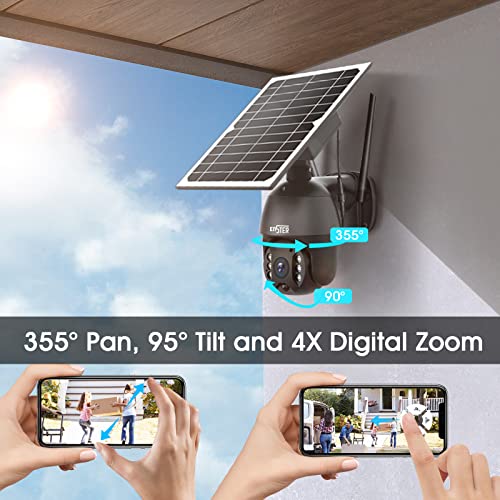 Solar Powered Wireless Security Camera Outdoor,ENSTER Pan Tilt WiFi Home Smart Cam Waterproof with Spotlight,Battery,Solar Panel, Color Night Vision,Motion Detection,2-Way Audio,SD&Cloud Storage-Black