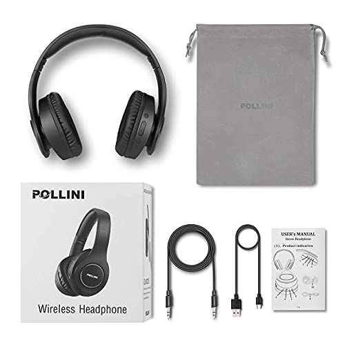 pollini Bluetooth Headphones Over Ear, Wireless Headset V5.0 with 6 EQ Modes, Soft Memory-Protein Earmuffs and Built-in Mic for iPhone/Android Cell Phone/PC/TV