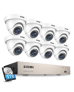 zosi 8ch 1080p security camera system with hard drive 1tb,h.265+ 8 channel 5mp lite hd-tvi dvr recorder and 8pcs 1920tvl weatherproof cctv dome cameras indoor outdoor, 80ft night vision,remote access