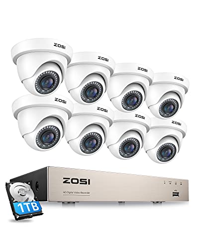 ZOSI 8CH 1080P Security Camera System with Hard Drive 1TB,H.265+ 8 Channel 5MP Lite HD-TVI DVR Recorder and 8pcs 1920TVL Weatherproof CCTV Dome Cameras Indoor Outdoor, 80ft Night Vision,Remote Access