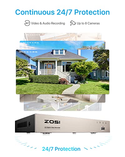 ZOSI 8CH 1080P Security Camera System with Hard Drive 1TB,H.265+ 8 Channel 5MP Lite HD-TVI DVR Recorder and 8pcs 1920TVL Weatherproof CCTV Dome Cameras Indoor Outdoor, 80ft Night Vision,Remote Access