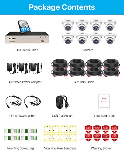 ZOSI 8CH 1080P Security Camera System with Hard Drive 1TB,H.265+ 8 Channel 5MP Lite HD-TVI DVR Recorder and 8pcs 1920TVL Weatherproof CCTV Dome Cameras Indoor Outdoor, 80ft Night Vision,Remote Access