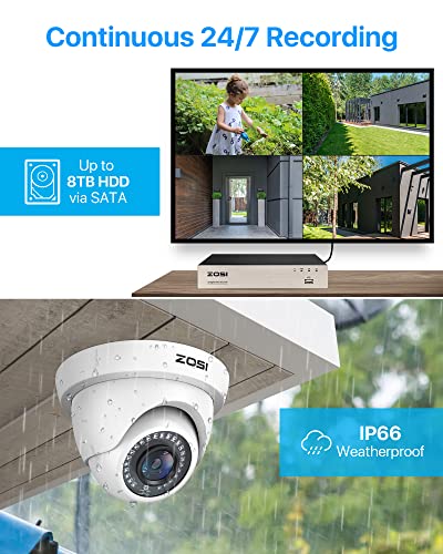 ZOSI 8CH 1080P Security Camera System with Hard Drive 1TB,H.265+ 8 Channel 5MP Lite HD-TVI DVR Recorder and 8pcs 1920TVL Weatherproof CCTV Dome Cameras Indoor Outdoor, 80ft Night Vision,Remote Access