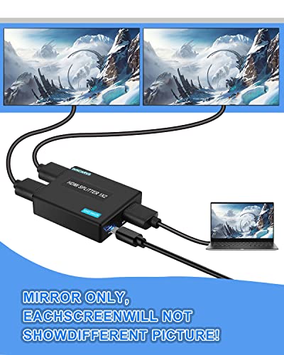 HDMI Splitter 1 in 2 Out with HDMI Cable, 4K 1x2 HDMI Splitter for Dual Monitors HD 1080P 3D Splitter, Supports HDCP1.4, Xbox PS3/4/5 Sky Box Fire Stick DVD Player(1 HDMI Source to 2 HDMI Displays)