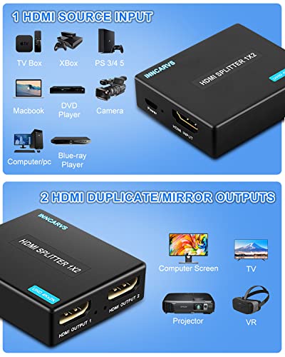 HDMI Splitter 1 in 2 Out with HDMI Cable, 4K 1x2 HDMI Splitter for Dual Monitors HD 1080P 3D Splitter, Supports HDCP1.4, Xbox PS3/4/5 Sky Box Fire Stick DVD Player(1 HDMI Source to 2 HDMI Displays)