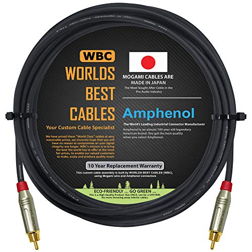 10 Foot – High-Def. Mono-RCA, S/PDIF, Sub-Woofer Cable Custom Made by Worlds Best Cables – Using Mogami 2964 Wire and Amphenol ACPR-SRD Die-Cast, Gold Plated RCA Connectors