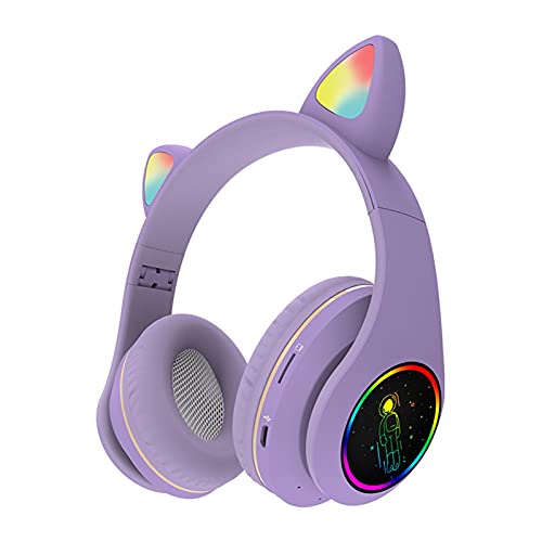 Cat Ear Headphones, Kawaii LED Light Up Wireless Bluetooth Headset, Cat Headphones Support TF Card Over-Ear Gaming Headset for Kid Adult Birthday Gift(Purple)