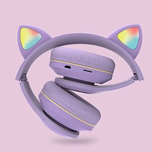 Cat Ear Headphones, Kawaii LED Light Up Wireless Bluetooth Headset, Cat Headphones Support TF Card Over-Ear Gaming Headset for Kid Adult Birthday Gift(Purple)