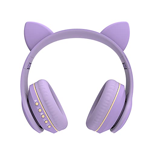 Cat Ear Headphones, Kawaii LED Light Up Wireless Bluetooth Headset, Cat Headphones Support TF Card Over-Ear Gaming Headset for Kid Adult Birthday Gift(Purple)