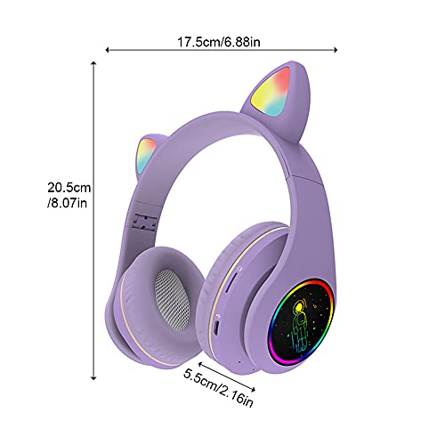 Cat Ear Headphones, Kawaii LED Light Up Wireless Bluetooth Headset, Cat Headphones Support TF Card Over-Ear Gaming Headset for Kid Adult Birthday Gift(Purple)