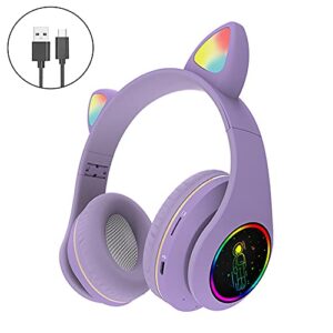 Cat Ear Headphones, Kawaii LED Light Up Wireless Bluetooth Headset, Cat Headphones Support TF Card Over-Ear Gaming Headset for Kid Adult Birthday Gift(Purple)