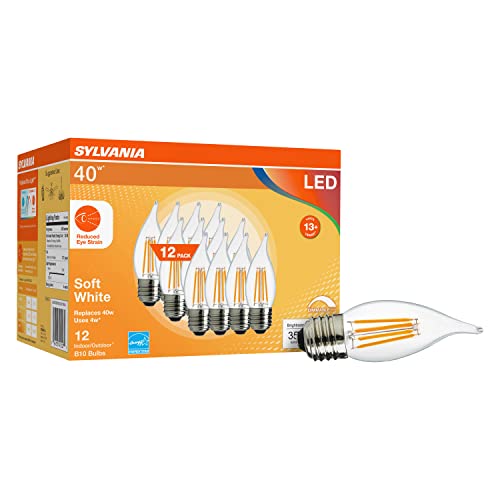 LEDVANCE Sylvania Reduced Eye Strain B10 LED Light Bulb, 40W = 4W, 13 Year, Medium Base, Dimmable, Clear, 2700K, Soft White - 12 Pack (41227)