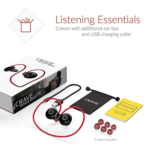 Crave Octane Sport Wireless Bluetooth Earphones, in-Ear Sweat and Water Resistant Stereo Lightweight Headphones Earbuds Premium Sports Headset with Built-in Mic – Red